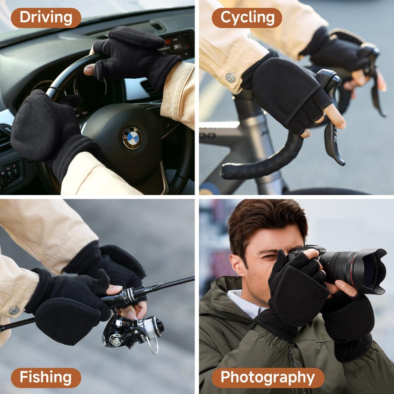 BESSTEVEN Mens Womens Winter Fingerless Gloves: Thermal Thick Warm Fleece Convertible Mittens for Photographer in Cold Weather - Black Large - Image 5